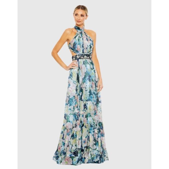 Mac Duggal Size 18 Blue Floral 68089 Halter Maxi Gown Cut Out Embellished Dress - Picture 2 of 13